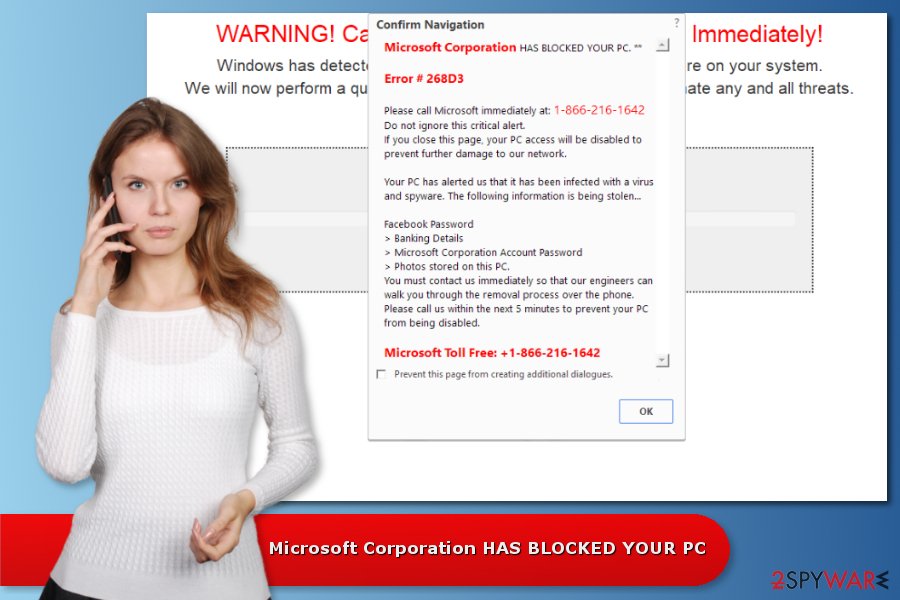 Example of "Microsoft Corporation HAS BLOCKED YOUR PC" scam