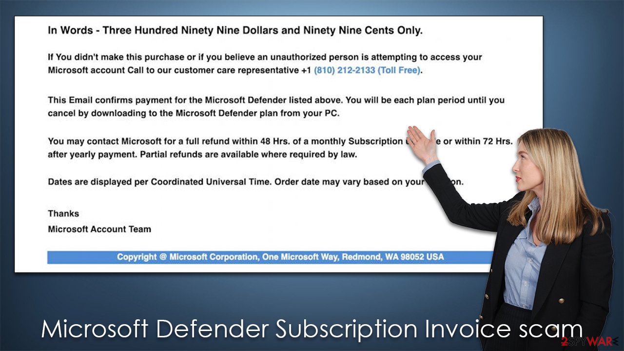 Microsoft Defender Subscription Invoice scam email