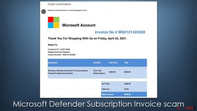 Microsoft Defender Subscription Invoice scam