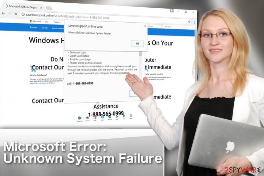 “Microsoft Error: Unknown System Failure" adware virus illustration