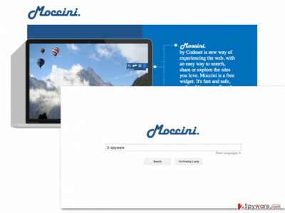 An image of the Moccini Search virus download website and search engine