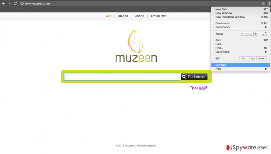 The image of Chrome hijack with Muzeen.com virus