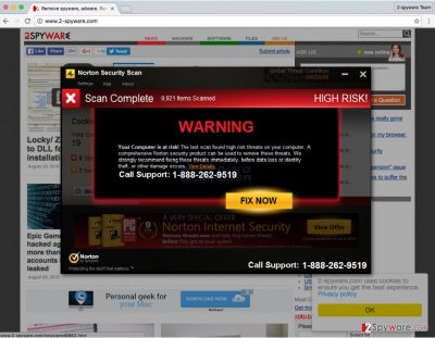 A screenshot of the Norton Security Scan Tech Support scam virus