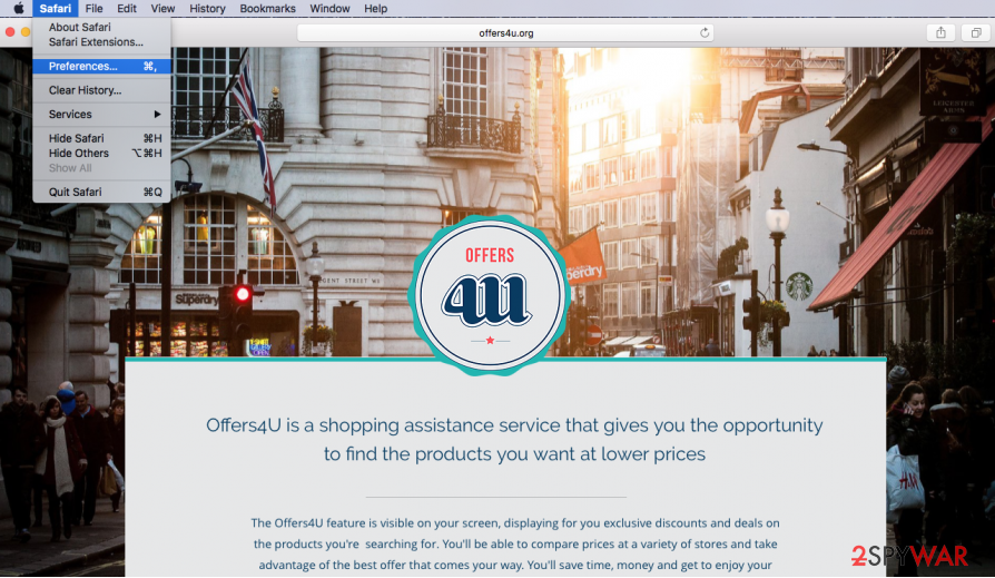 The image shows how to remove Offers4U virus from Safari