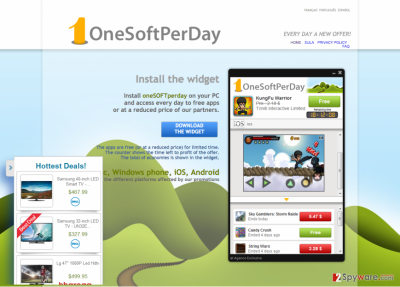 The main page of OneSoftPerDay adware and example of its ads