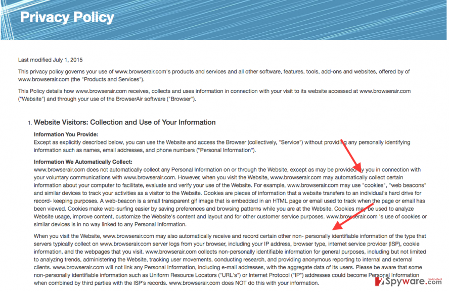 The privacy Policy of BrowserAir virus
