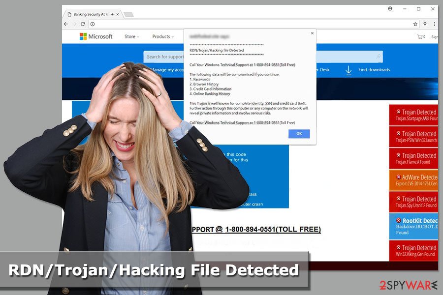 The image of "RDN/Trojan/Hacking File Detected" virus