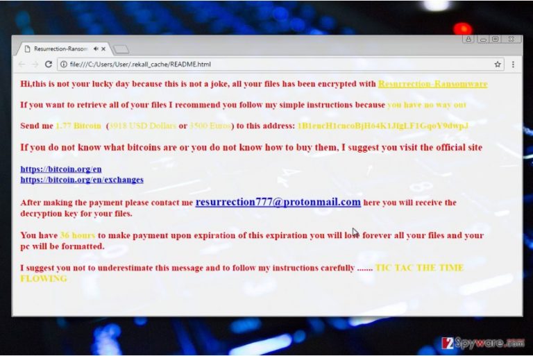 Screenshot of Resurrection ransomware note