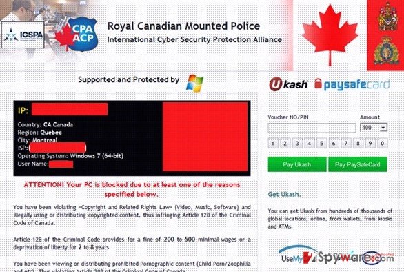 Royal Canadian Mounted Police Ukash virus snapshot Royal Canadian Mounted Police Ukash virus snapshot