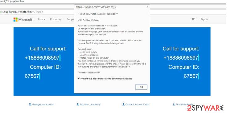 Tech Support scam virus displaying fake Error 268D3-XC00037 message