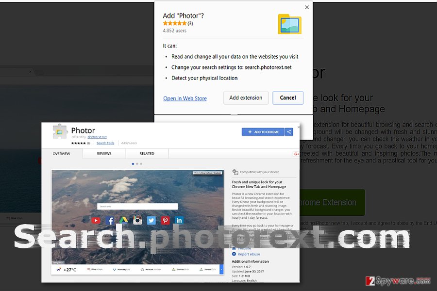 The image displaying search.photorext.com virus