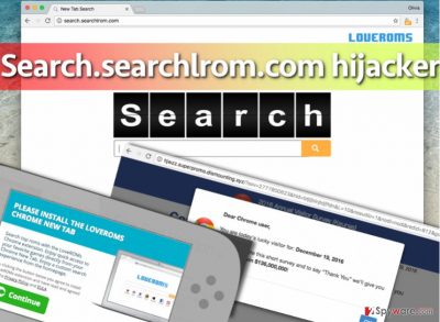 Image of Search.searchlrom.com virus, its search engine and example of ads it delivers