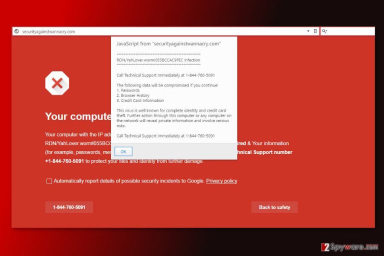 The screenshot of Securityagainstwannacry.com tech support scam virus