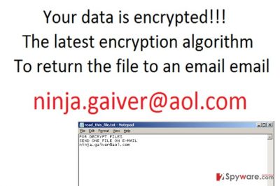 Screenshot of ransom note left by Seven_legion@aol.com virus