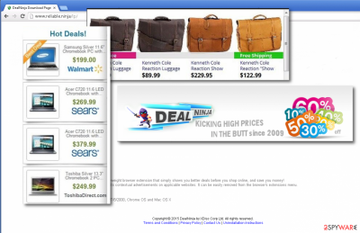 Banner and pop-up ads by DealNinja covering the site