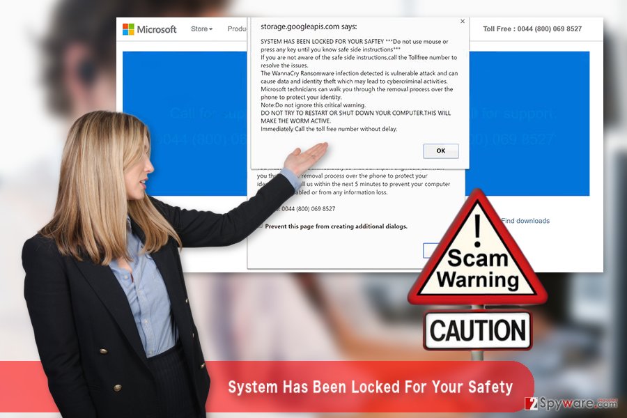 The illustration of "System Has Been Locked For Your Safety" Tech support scam virus