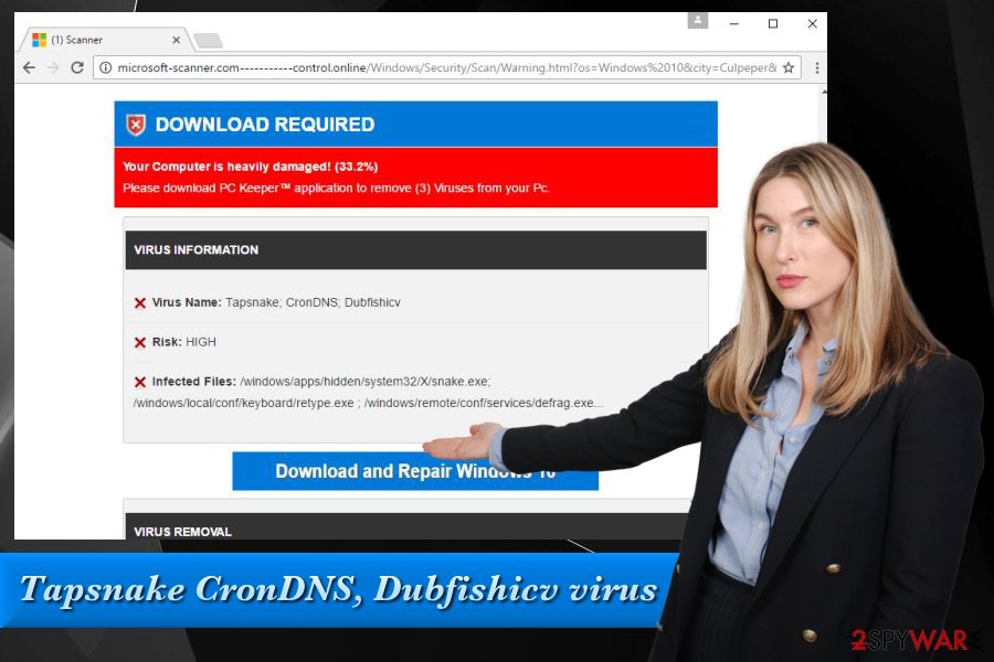 Tapsnake CronDNS, Dubfishicv virus fake pop-up