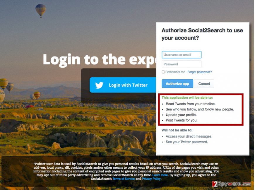 Image showing Social2Search asking the user to login to Twitter account Image showing Social2Search asking the user to login to Twitter account