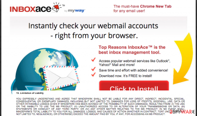 The main page of InboxAce and some sentences from its Privacy Policy