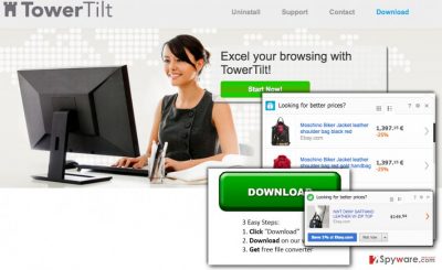 TowerTilt virus web page and example of ads