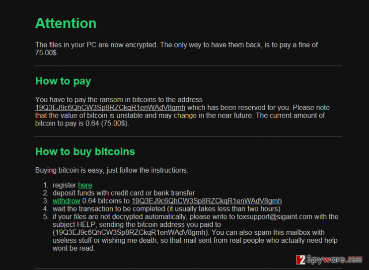 The note showing Tox virus