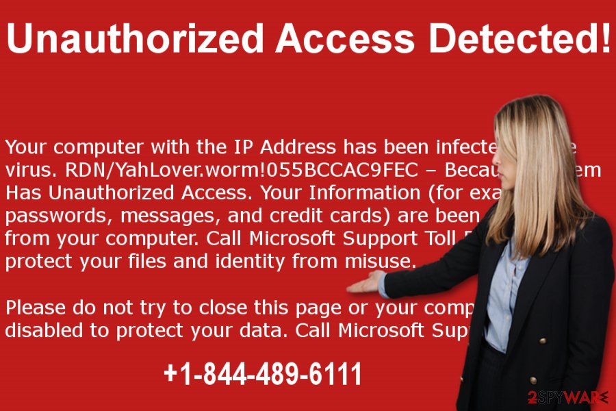 The picture showing "Unauthorized Access Detected" scam