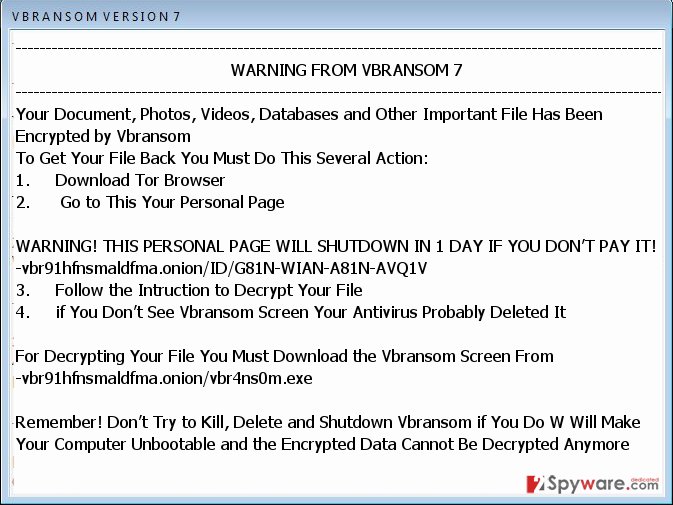 Vbransom virus ransom message