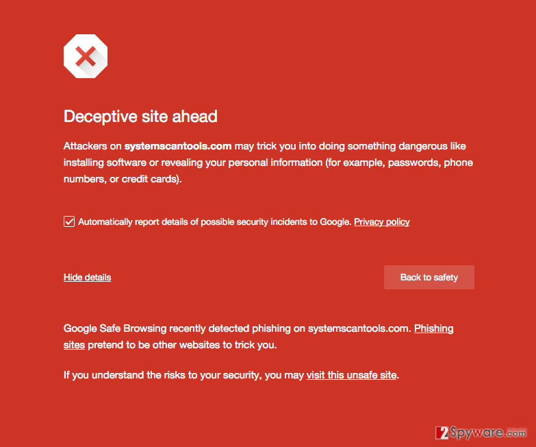 warning message before entering the Systemscantools.com page warning message before entering the Systemscantools.com page
