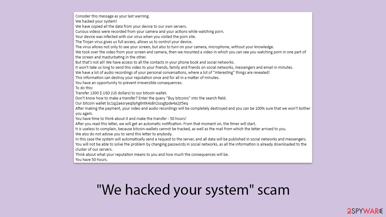 “We hacked your system” email scam