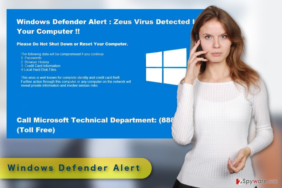 The illustration of "Windows Defender Alert" Support scam virus