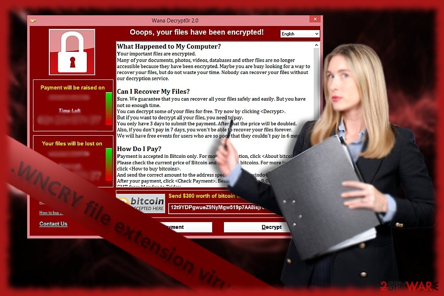 The screenshot of WNCRY, or alternartively known  WanaDecrypter, virus screenshot