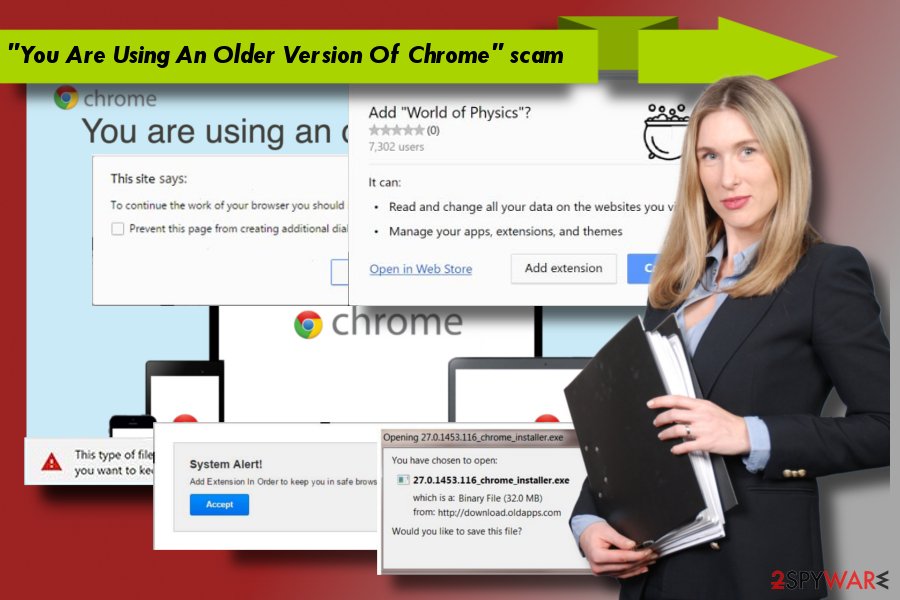 Illustrating alerts related to "You Are Using An Older Version Of Chrome" scam