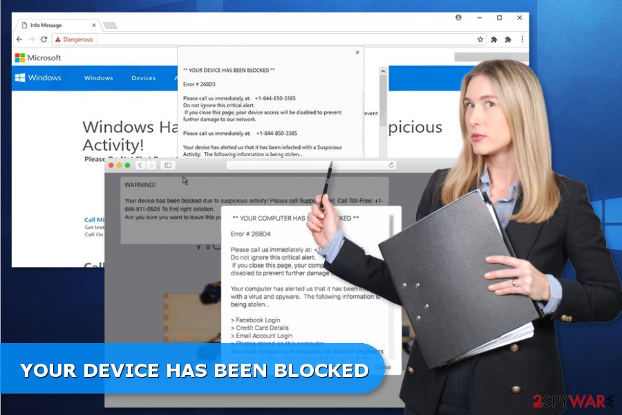 Examples of YOUR DEVICE HAS BEEN BLOCKED tech support scams