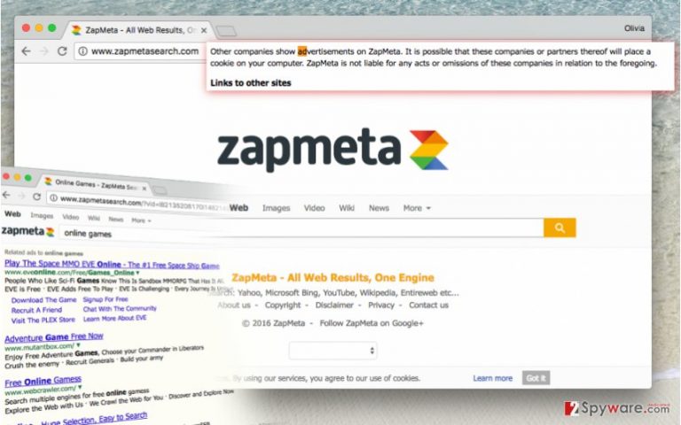 Picture showing functionality of Zapmetasearch.com search virus