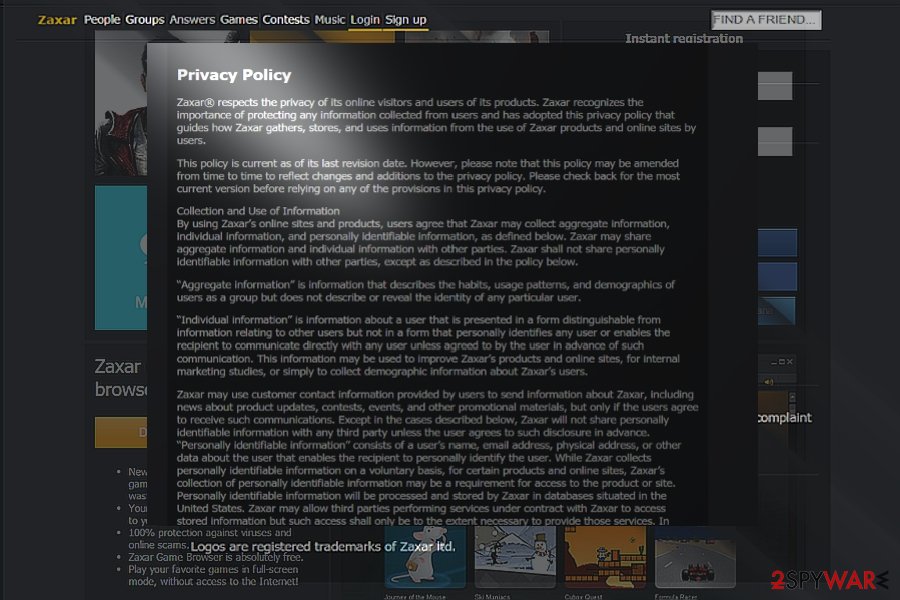 The screenshot of Zaxar Games Browser virus