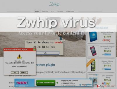 Zwhip virus ads and homepage illustrated