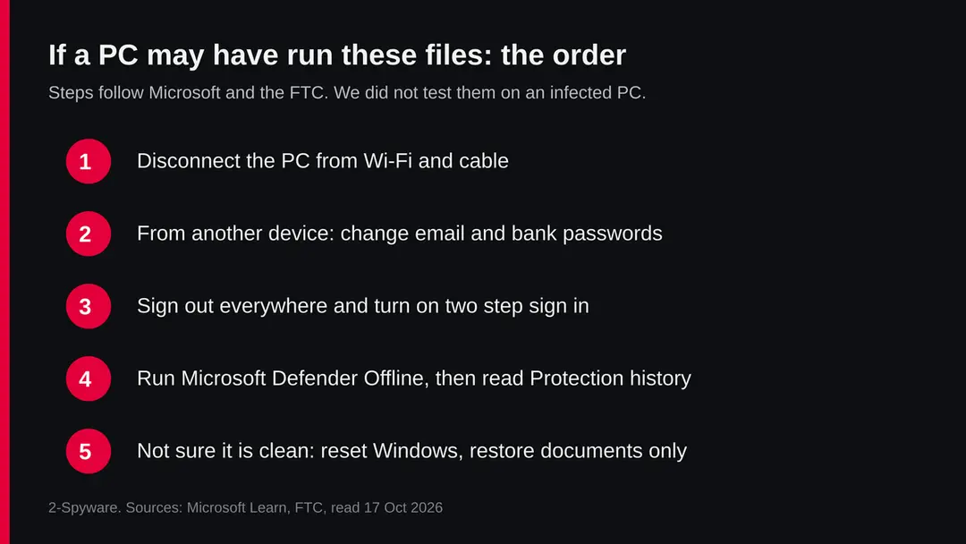 Five steps in order: disconnect the PC, change passwords from another device, sign out everywhere, run Defender Offline, reset Windows if unsure