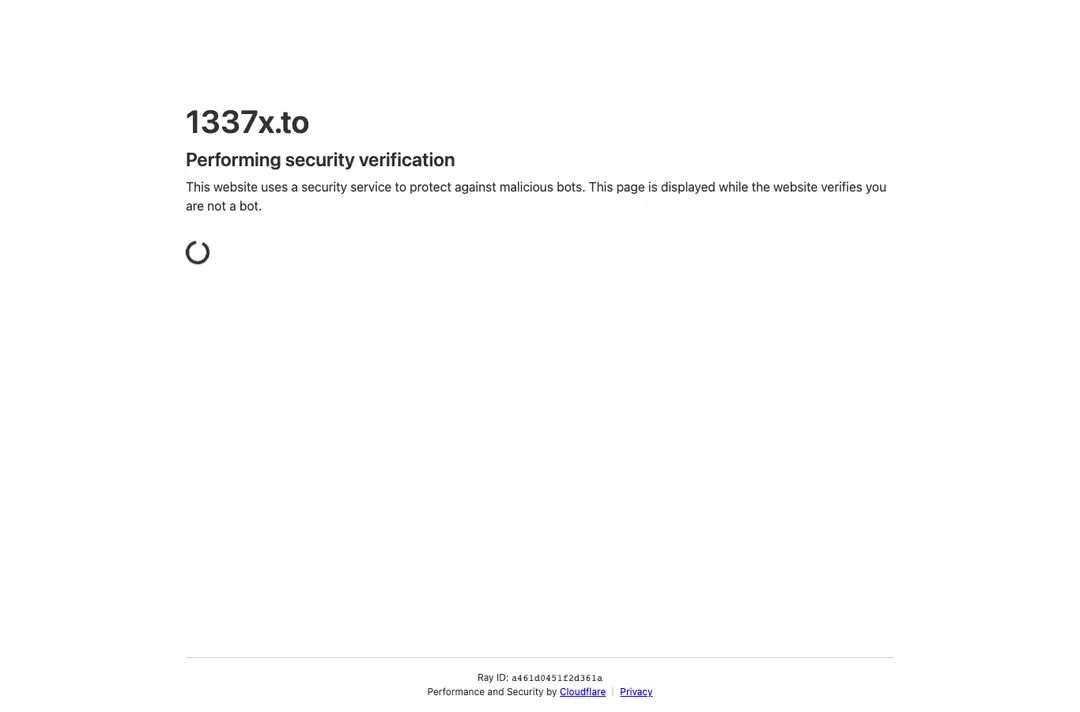 A white page headed 1337x.to and Performing security verification, with a Cloudflare notice that the site checks you are not a bot