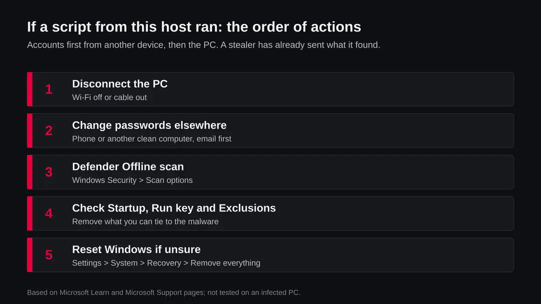 Five steps in order: disconnect the PC, change passwords from another device, run a Defender Offline scan, check startup, the Run key and exclusions, reset Windows if unsure