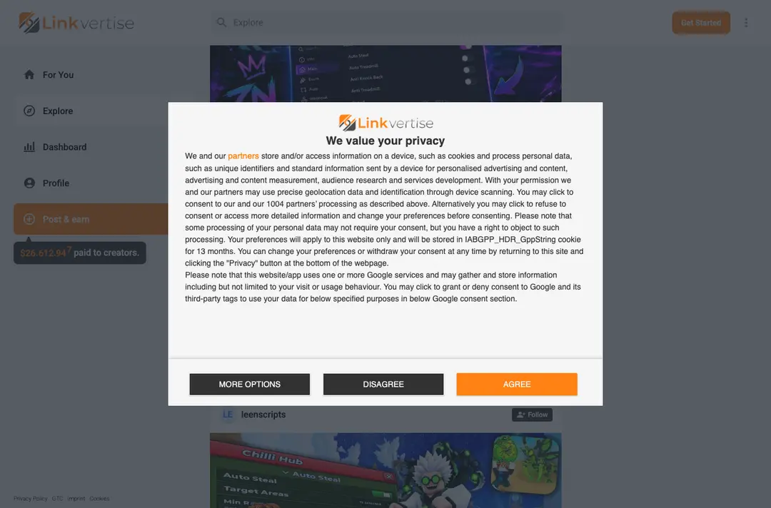 Linkvertise home page, reached from adf.ly, with a privacy consent dialog
