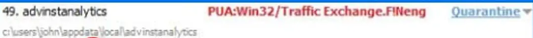 Security scanner results line: advinstanalytics, c:\users\john\appdata\local\advinstanalytics, detected as PUA:Win32/Traffic Exchange.F!Neg with a Quarantine button