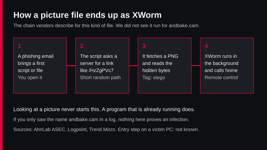 Four steps: a phishing email brings a script, the script asks a server for a short link, it fetches a PNG and reads the hidden bytes, XWorm runs in the background and calls home