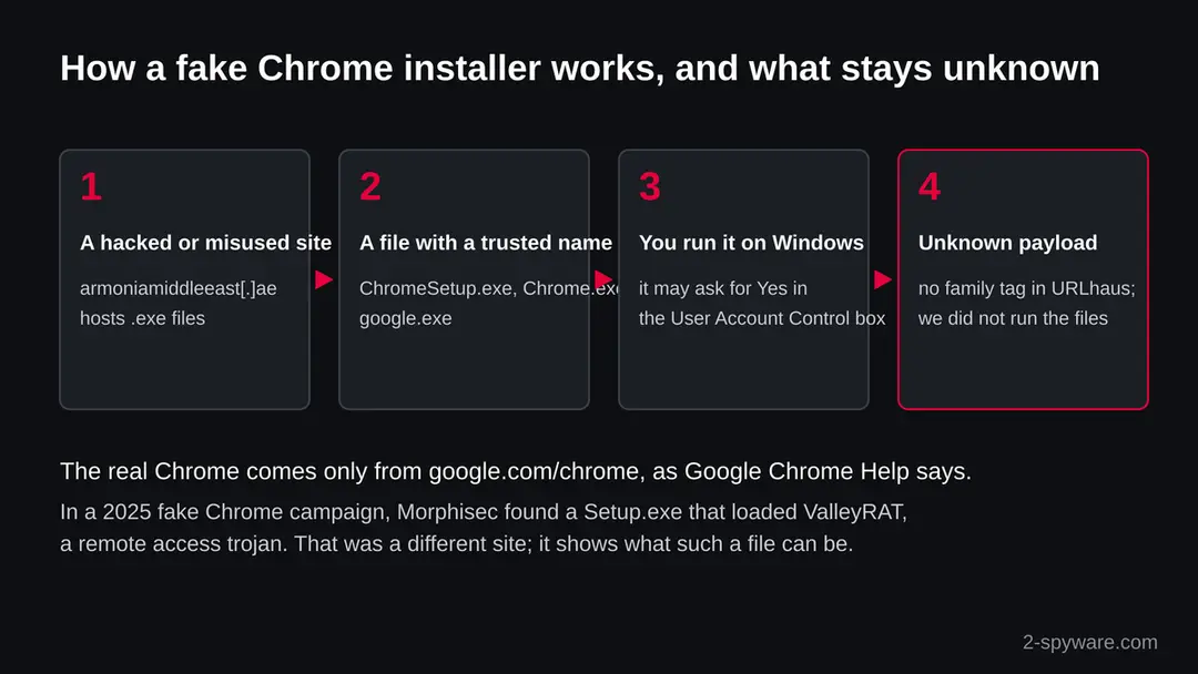 Four boxes showing a site hosting exe files, a file with a trusted Chrome name, a user running it on Windows and an unknown payload