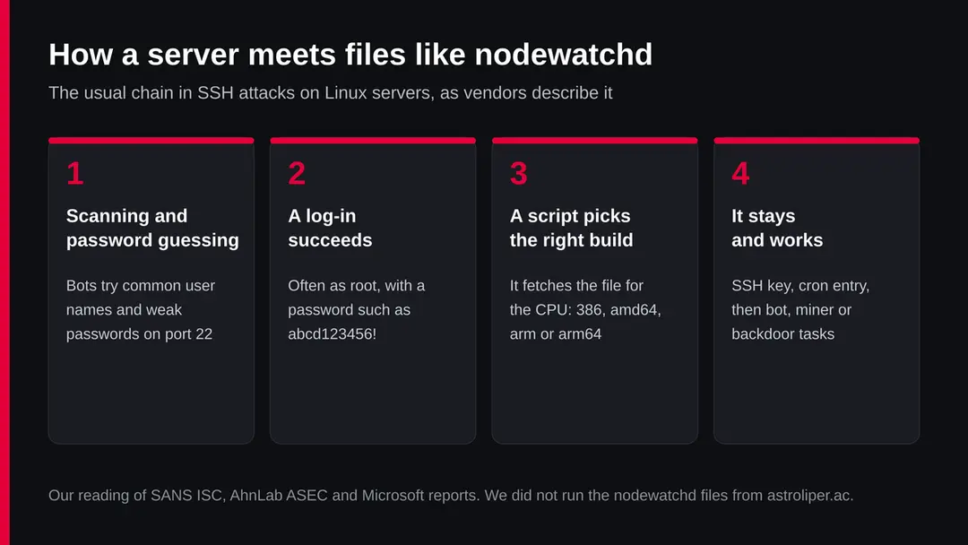 Five steps: bots guess SSH passwords, one login works, the attacker checks the processor type, downloads the matching build, then adds an SSH key and scans for more machines