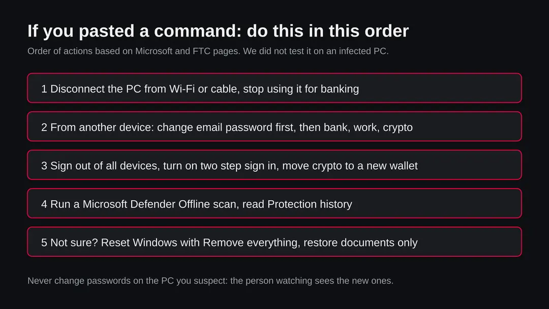 Five steps in order: disconnect the PC, change passwords from another device, sign out and turn on two step sign in, run a Defender Offline scan, reset Windows if unsure