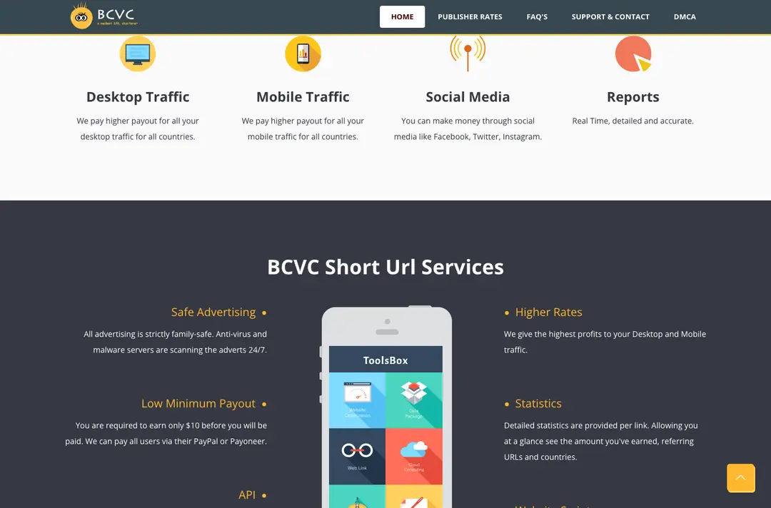 Bc.vc home page scrolled to the Desktop Traffic, Mobile Traffic and Short Url Services sections