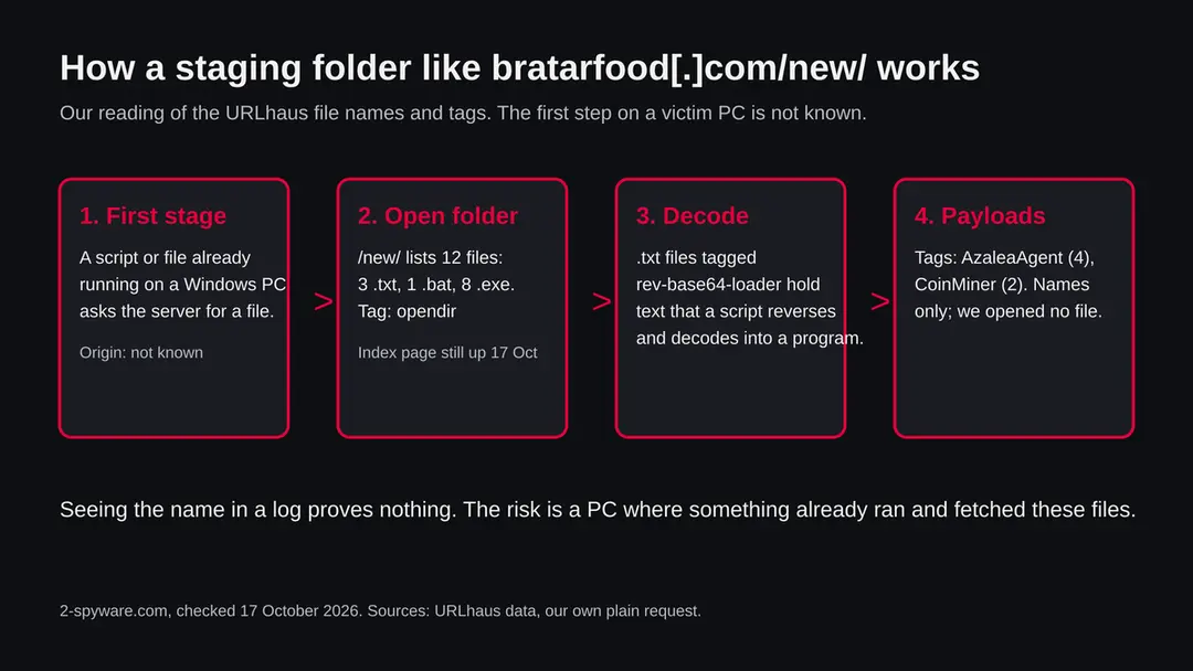Four boxes: a first stage on the PC, the open folder with twelve files, a text loader that is decoded, and payloads tagged AzaleaAgent and CoinMiner