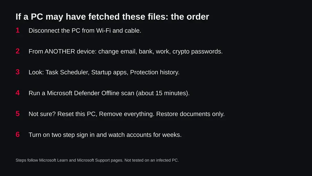 Six steps in order: disconnect the PC, change passwords from another device, check startup and Task Scheduler, run Defender Offline, reset Windows if unsure, turn on two step sign in