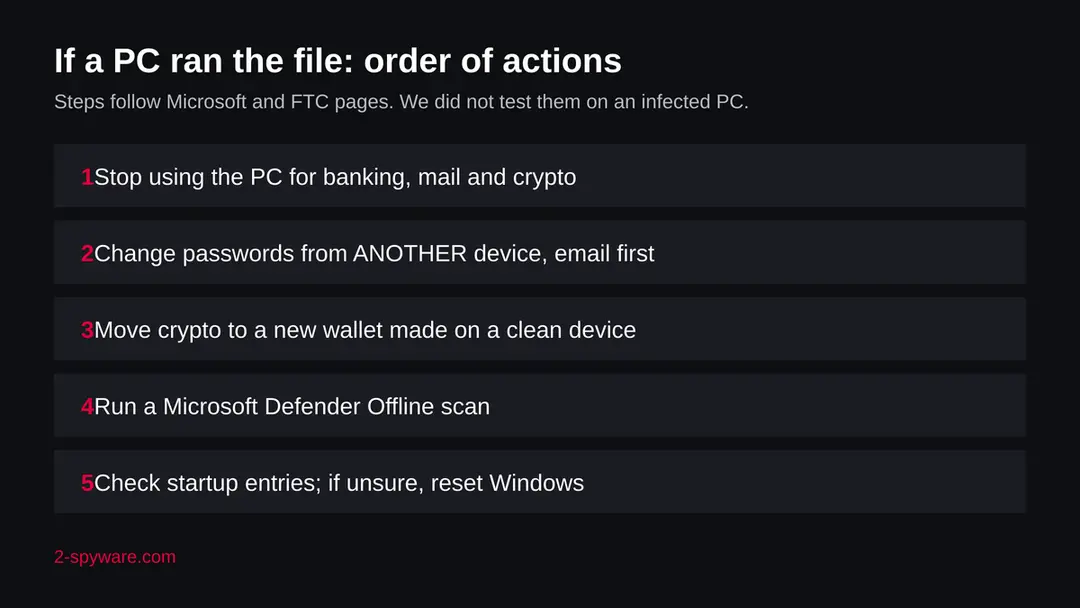 Five steps in order: stop using the PC, change passwords from another device, move crypto, run a Defender Offline scan, check startup entries and reset Windows if unsure
