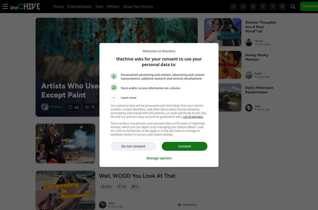 thechive.com home page on 6 October 2026 with a consent banner for personalised advertising over the photo galleries
